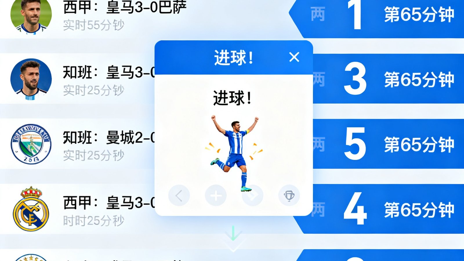 足球吧比分页面，多场比赛比分实时更新，进球弹出动画